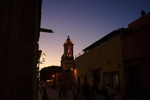 Purple twilight over a church belltower, San Miguel de Allende, Mexico photographed by Scott Gilbertson